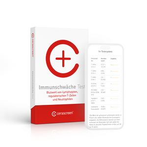 Verpackung des cerascreen Immunschwäche Tests und Smartphone-Display mit Vorschau des Testergebnisses.