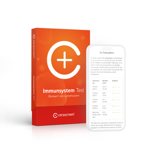 Verpackung des cerascreen Immunsystem Tests und Smartphone-Display mit Vorschau des Testergebnisses.